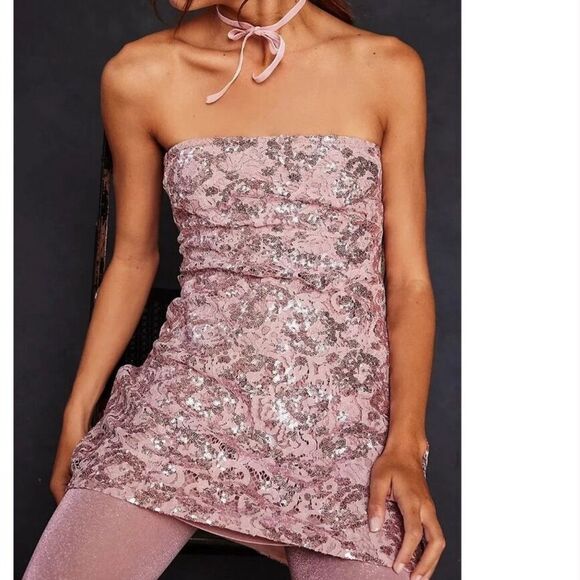 NWT Free People Night Gaze Mini Sequin Strapless Blush Pink Dress - Picture 2 of 6